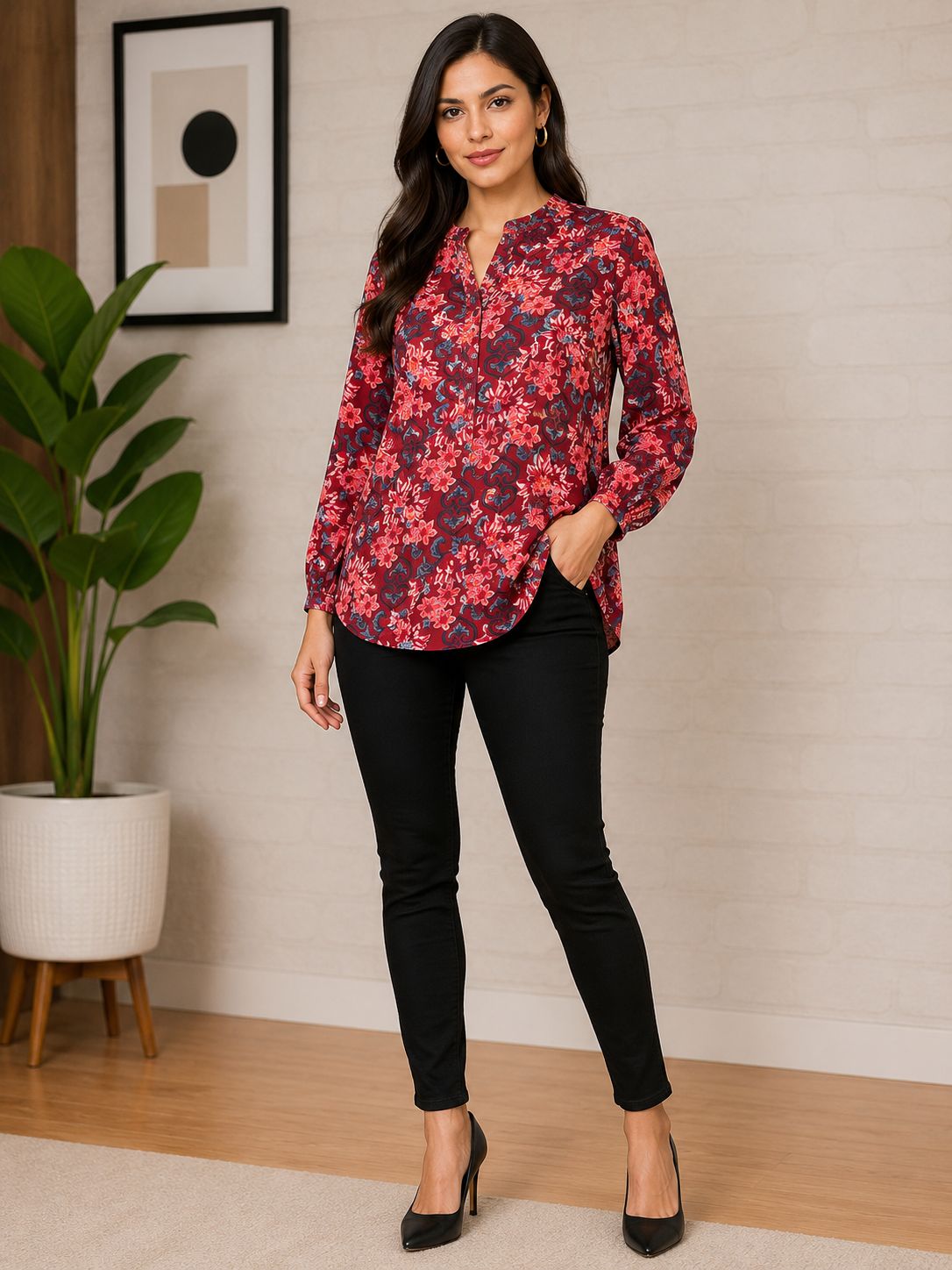 Women's Floral Print Mandarin Collar Casual Shirt