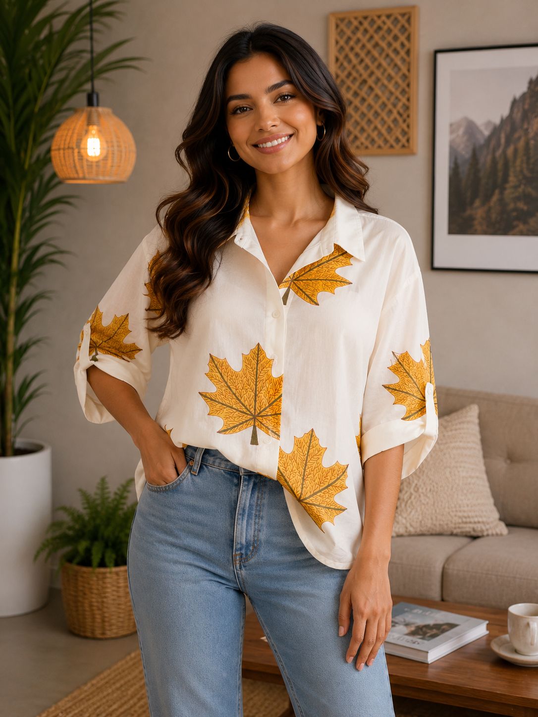 Women's Autumn Maple Leaf Print Relaxed Fit Shirt
