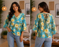 Women's Floral Tie-Back V-Neck Bell Sleeve Top