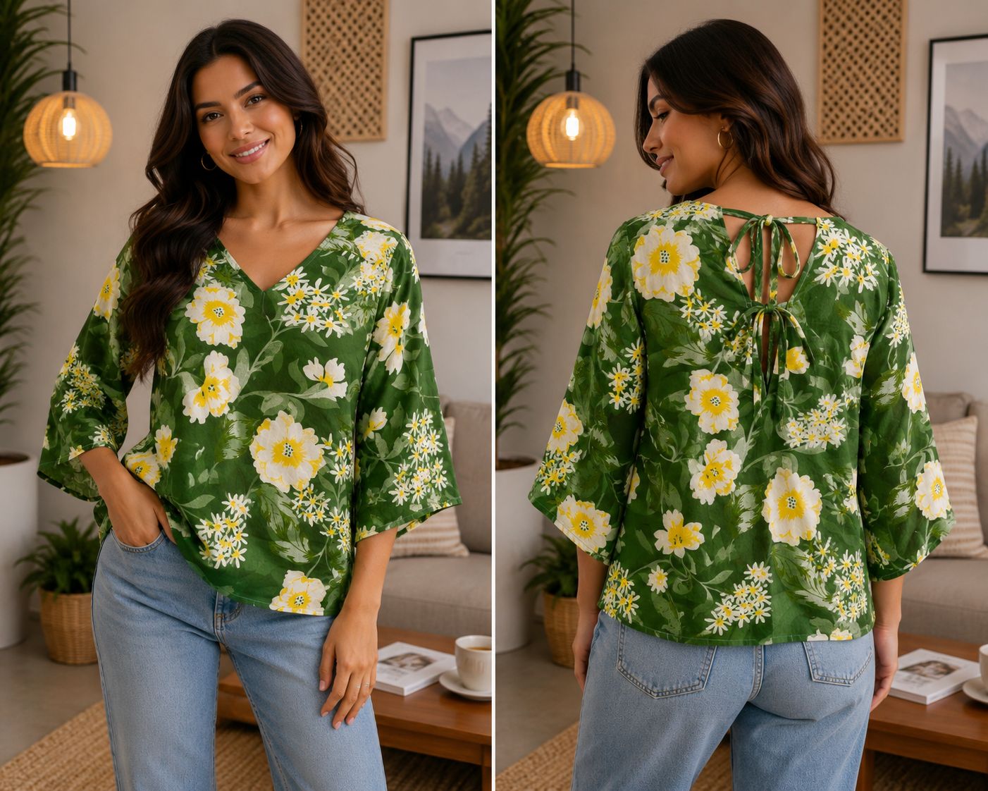 Women's Floral Tie-Back V-Neck Bell Sleeve Top – Green