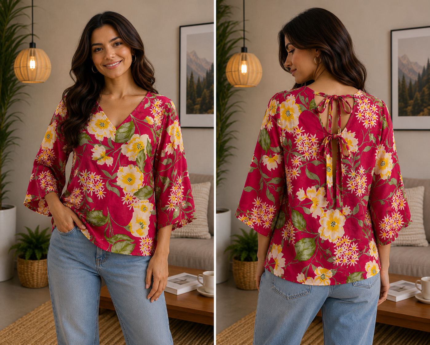 Women's Pink Floral Print V-Neck Tie-Back Top