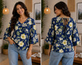 Women's Navy Blue Floral Print V-Neck Tie-Back Top with Flared Sleeves