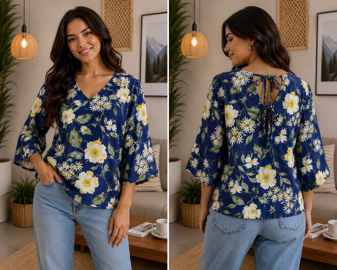 Women's Navy Blue Floral Print V-Neck Tie-Back Top with Flared Sleeves