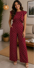 Women's Maroon Polka Dot Ruffle Sleeve Wide-Leg Jumpsuit