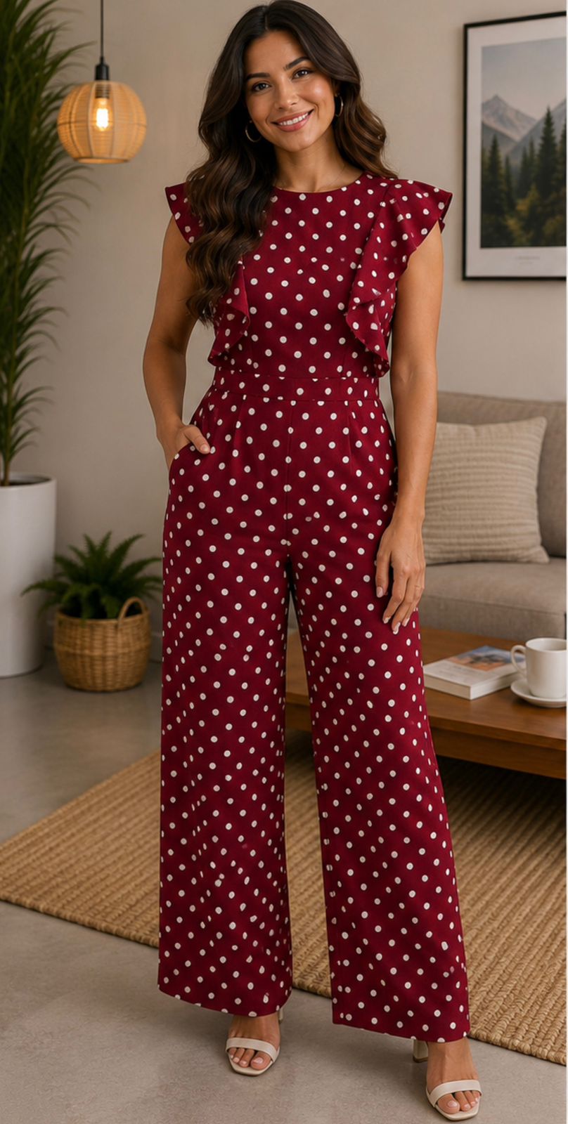 Women's Maroon Polka Dot Ruffle Sleeve Wide-Leg Jumpsuit