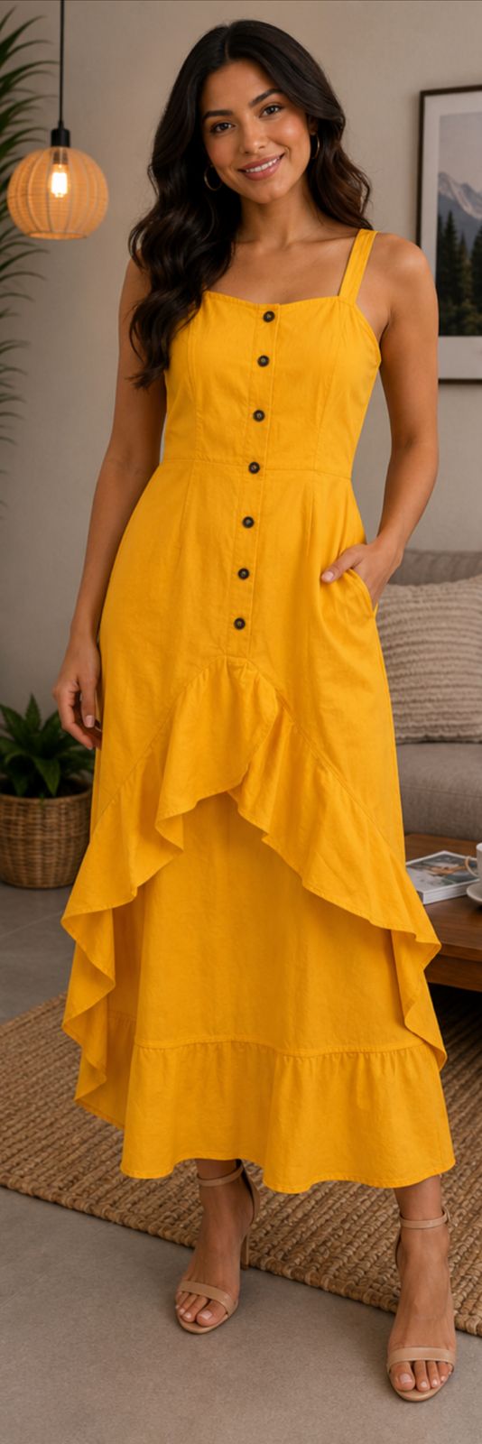 Women's Mustard Yellow High-Low Button Front Maxi Dress