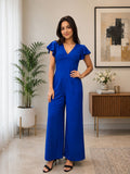 Women's Royal Blue Flutter Sleeve Wide-Leg Jumpsuit