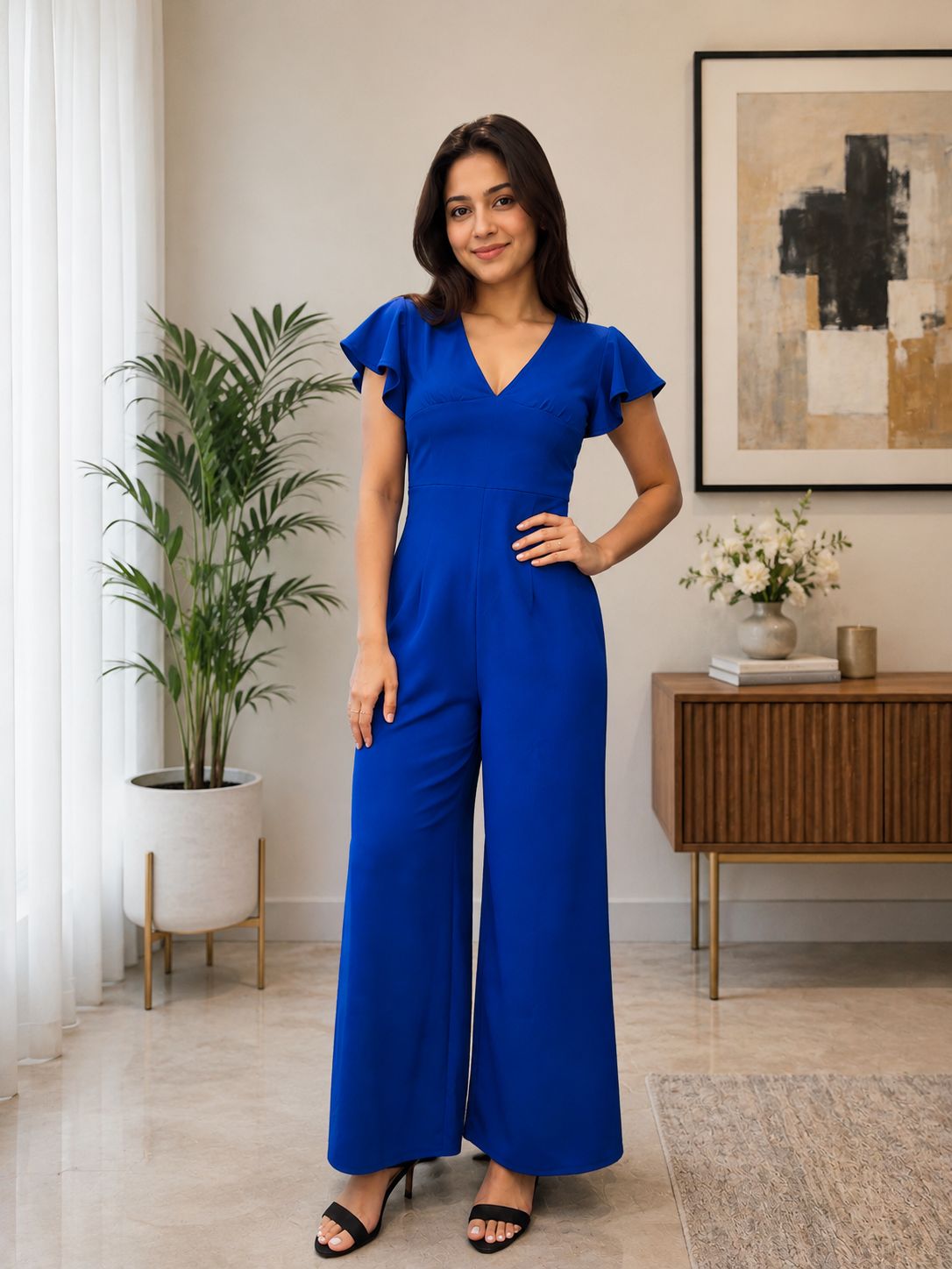 Women's Royal Blue Flutter Sleeve Wide-Leg Jumpsuit