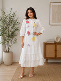 Women's Floral Embroidered Tiered Midi Dress – White