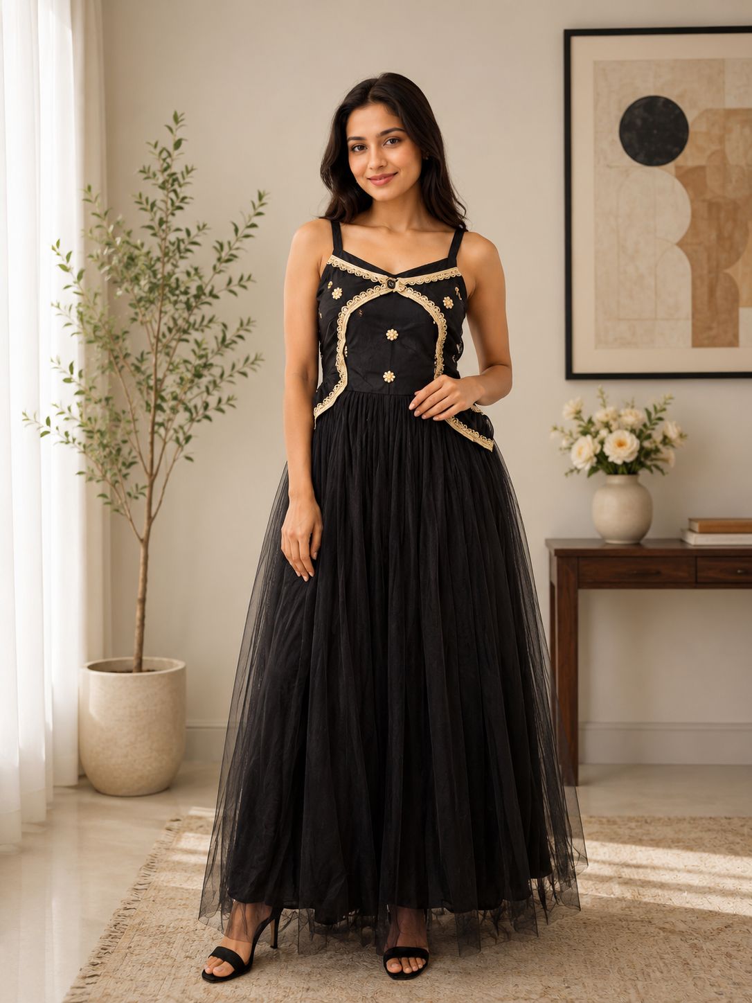 Noir Elegance Embellished Tulle Maxi Gown