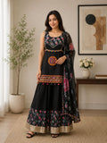 Midnight Mirror Work Anarkali Gown with Floral Dupatta