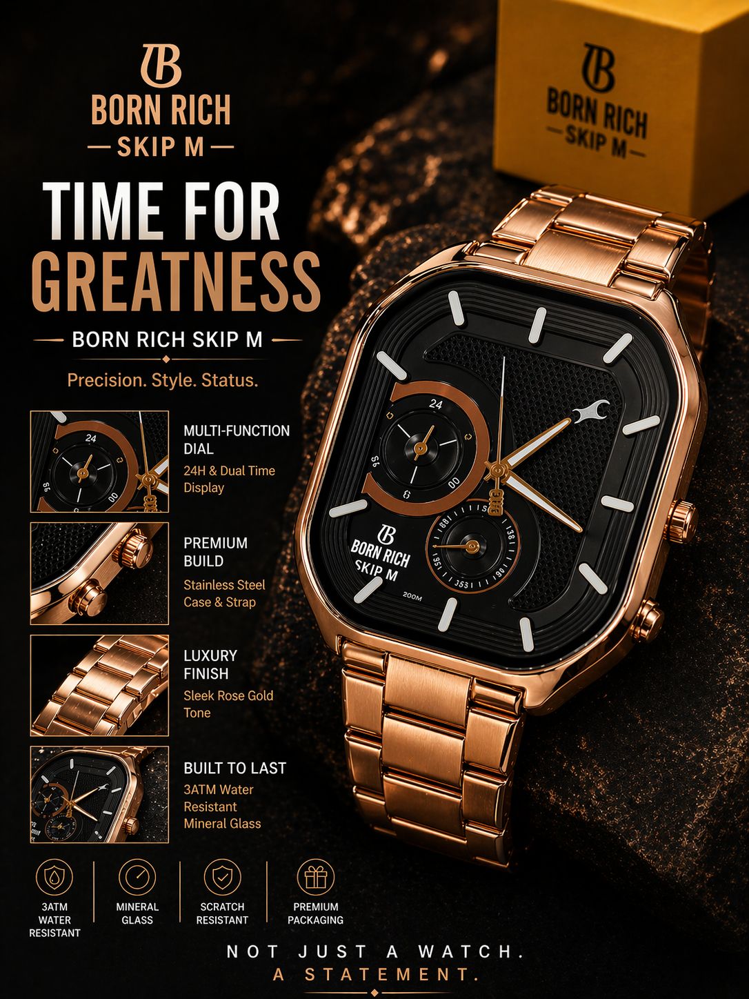 Born Rich Skip M Rose Gold Multi-Function Stainless Steel Analog Watch for Men