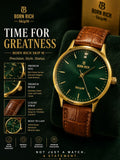 Born Rich Skip M Green Sunray Dial Gold-Tone Leather Strap Analog Watch for Men