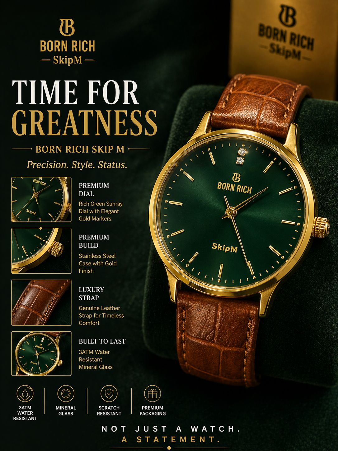 Born Rich Skip M Green Sunray Dial Gold-Tone Leather Strap Analog Watch for Men