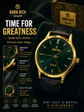 Born Rich Skip M Green Sunray Dial Gold-Tone Black Leather Strap Analog Watch for Men