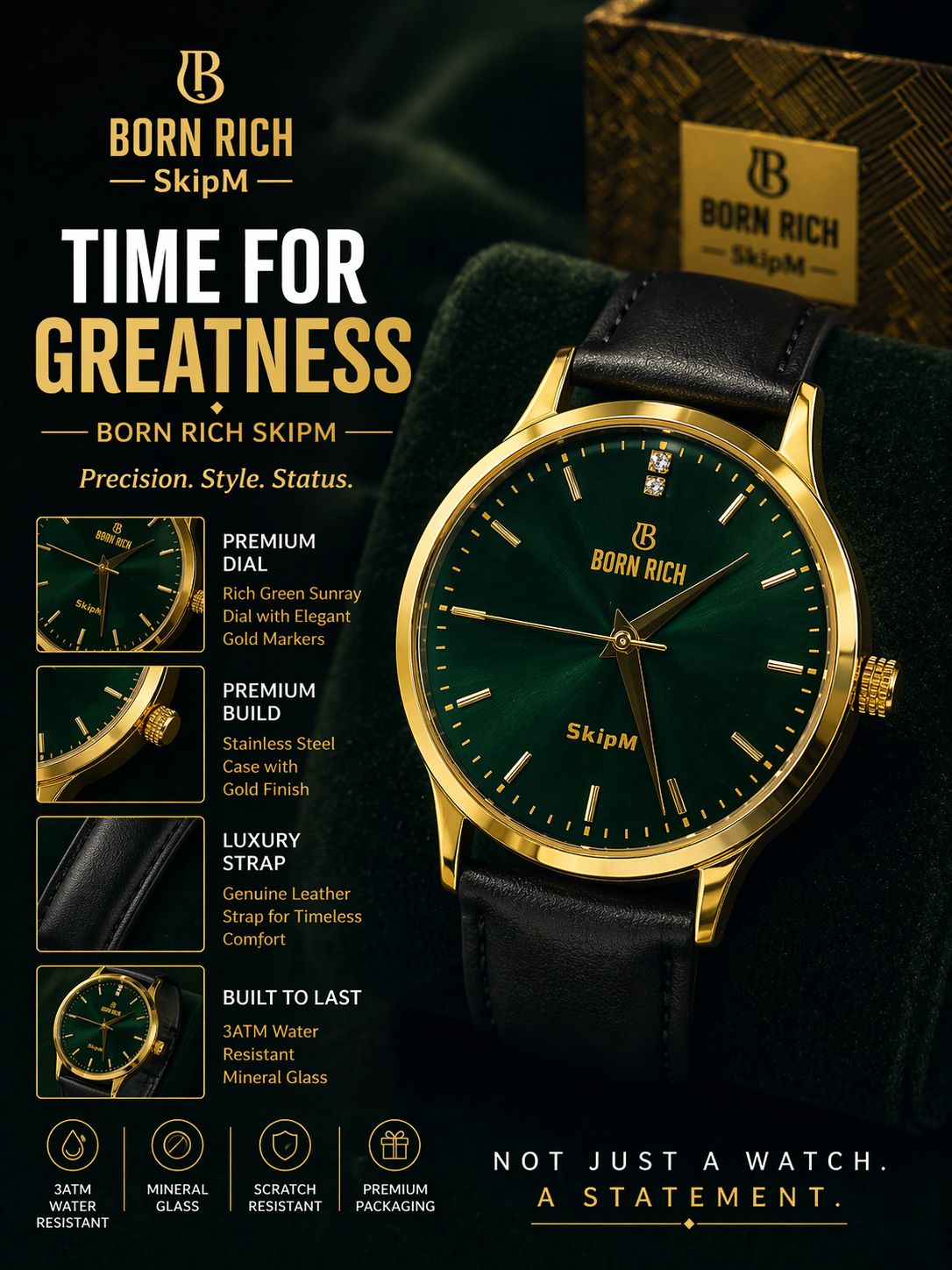 Born Rich Skip M Green Sunray Dial Gold-Tone Black Leather Strap Analog Watch for Men