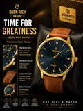 Born Rich Skip M Blue Sunray Dial Gold-Tone Brown Leather Strap Analog Watch for Men