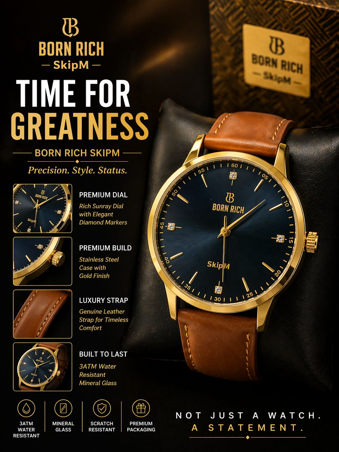 Born Rich Skip M Blue Sunray Dial Gold-Tone Brown Leather Strap Analog Watch for Men