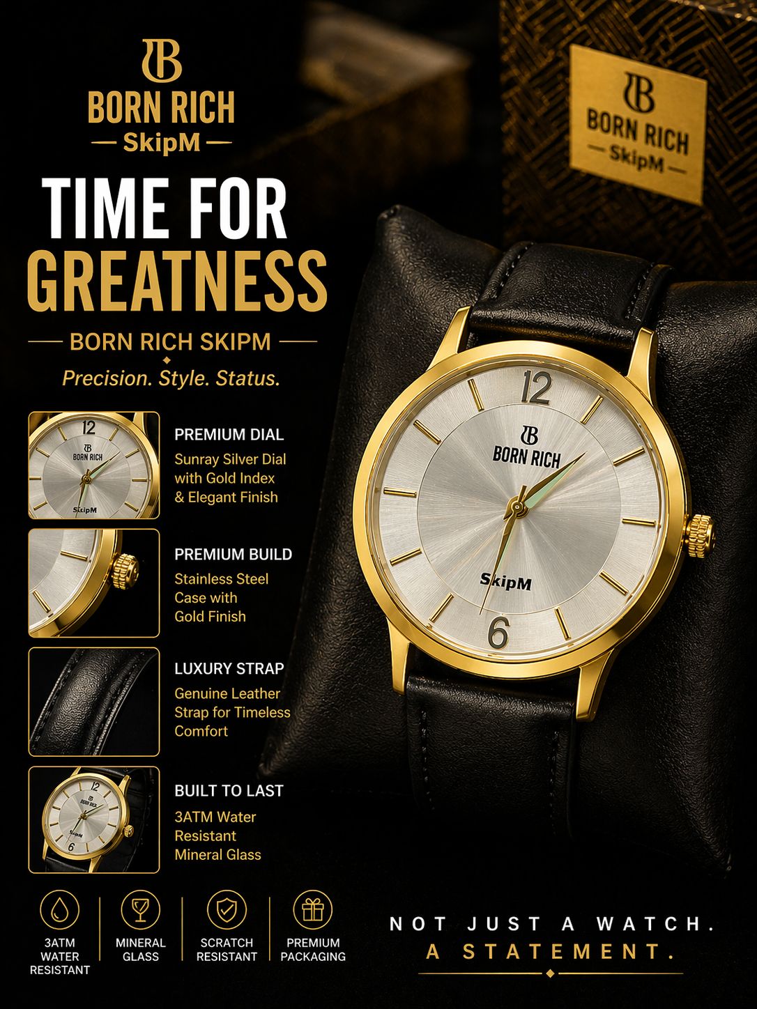 Born Rich Skip M Silver Sunray Dial Gold-Tone Black Leather Strap Analog Watch for Men