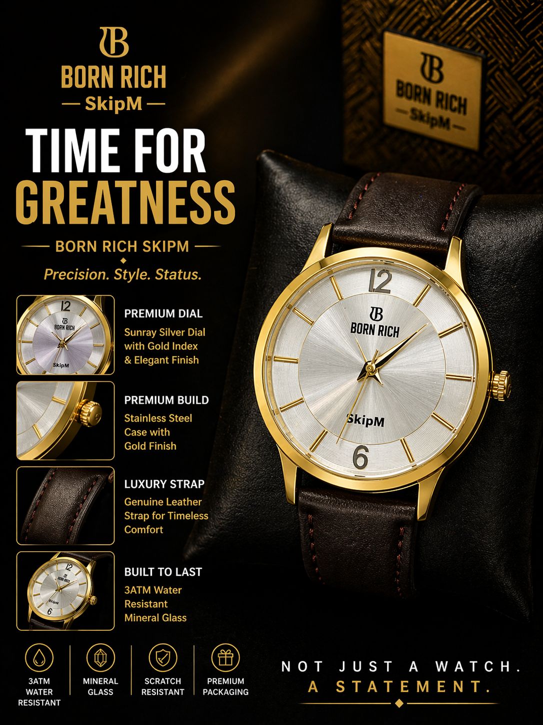 Born Rich SkipM Prestige Gold Silver Dial Leather Strap Analog Watch for Men