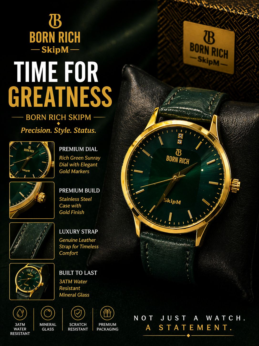 Born Rich SkipM Luxury Green Dial Leather Strap Watch | Premium Edition