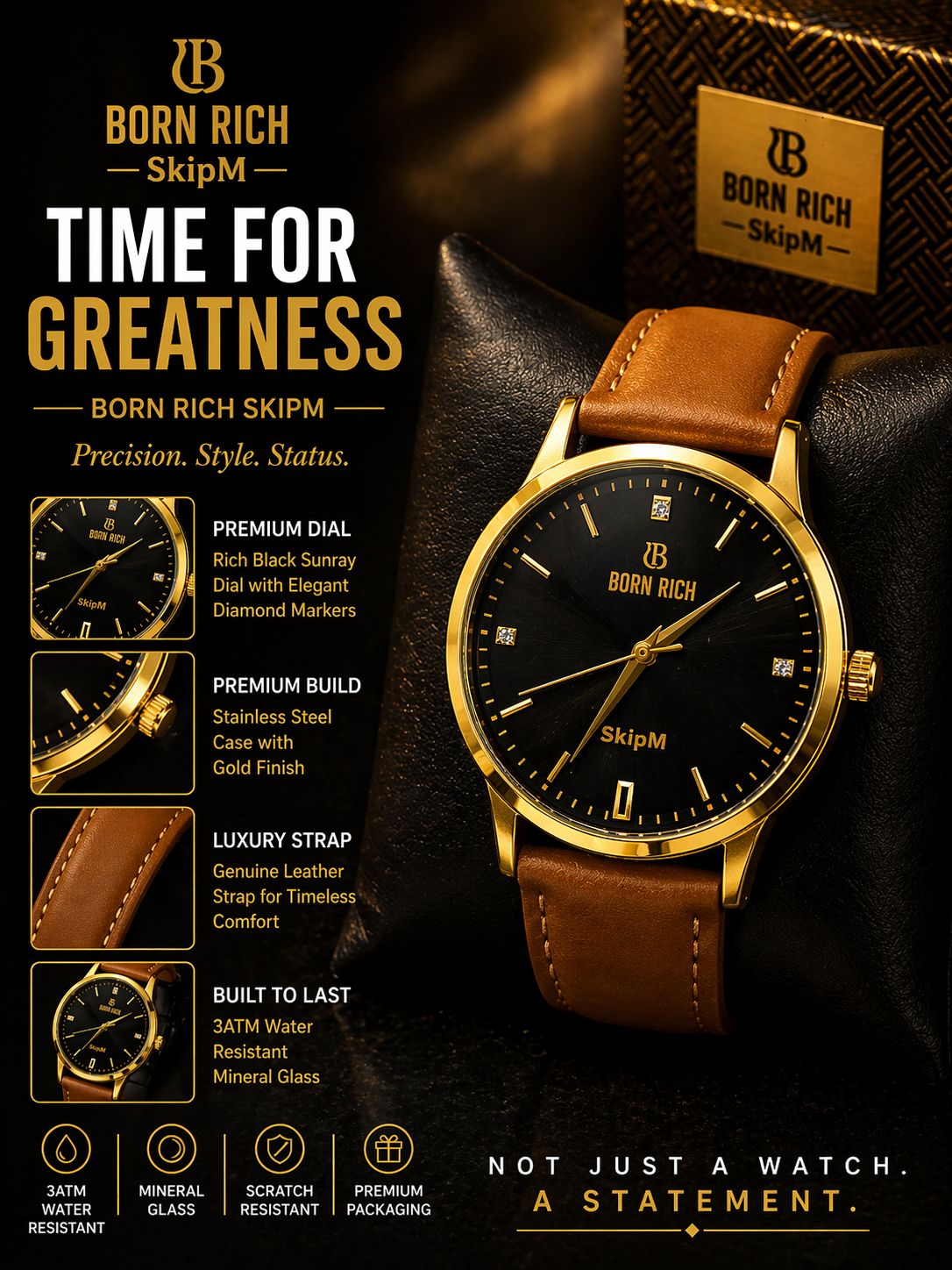 Born Rich SkipM Luxury Gold Finish Leather Strap Watch | Premium Edition