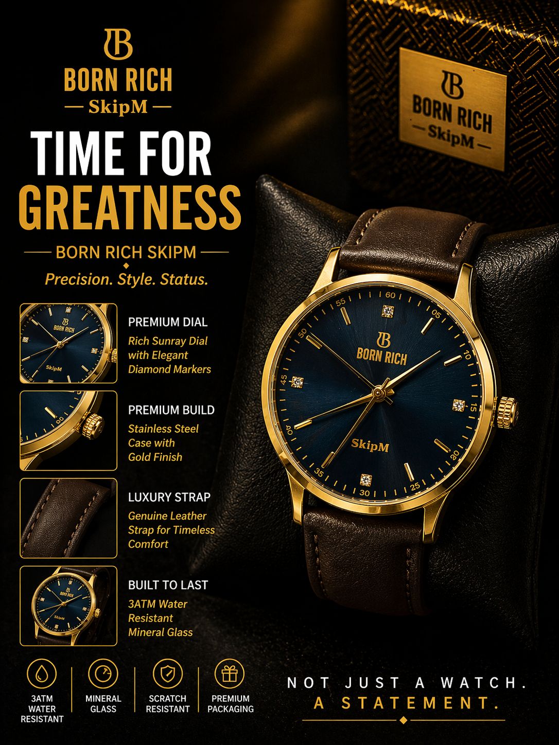 Born Rich SkipM Premium Blue Dial Leather Strap Watch | Luxury Edition