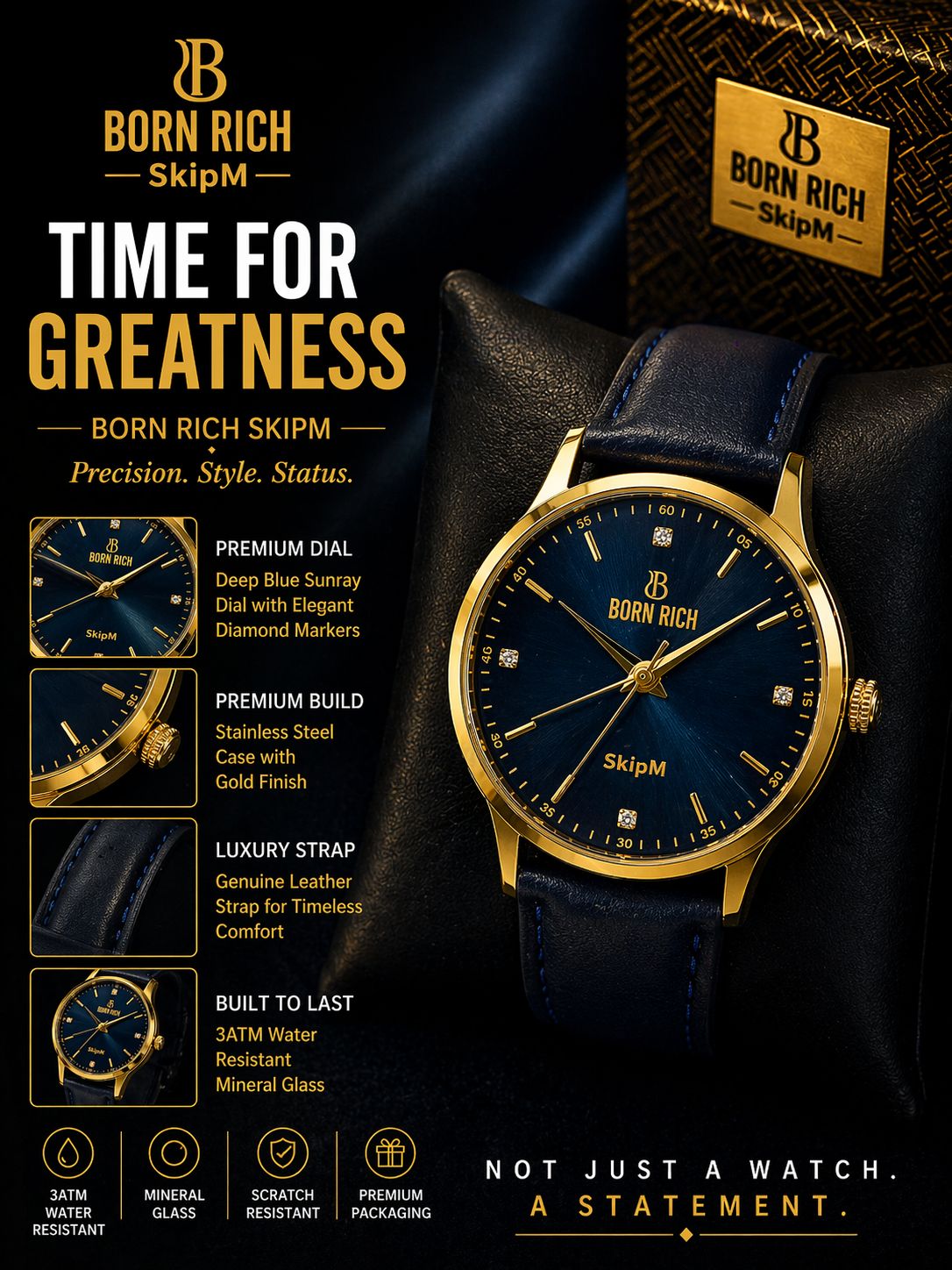 Born Rich SkipM Premium Blue Sunray Dial Leather Strap Watch | Luxury Edition