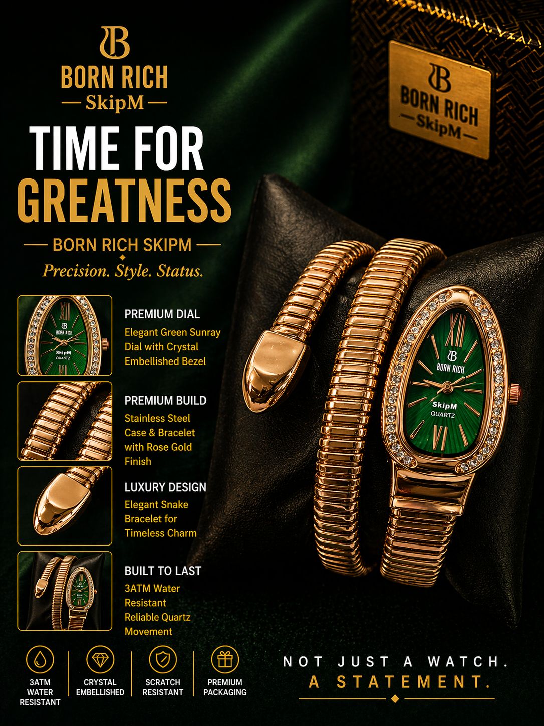 Born Rich SkipM Luxury Green Crystal Embellished Analog Watch