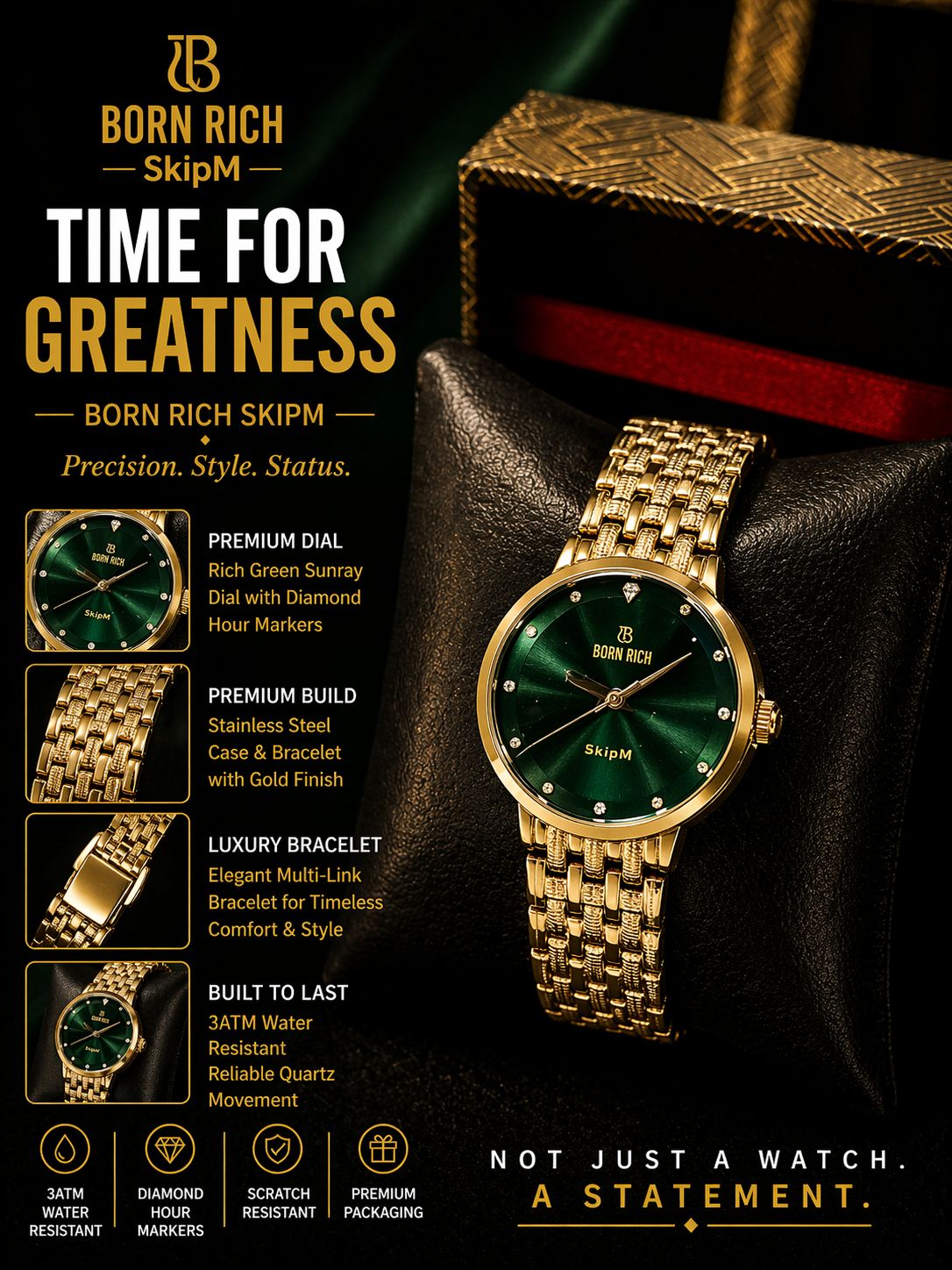 Born Rich SkipM Luxury Green Diamond Hour Markers Analog Watch