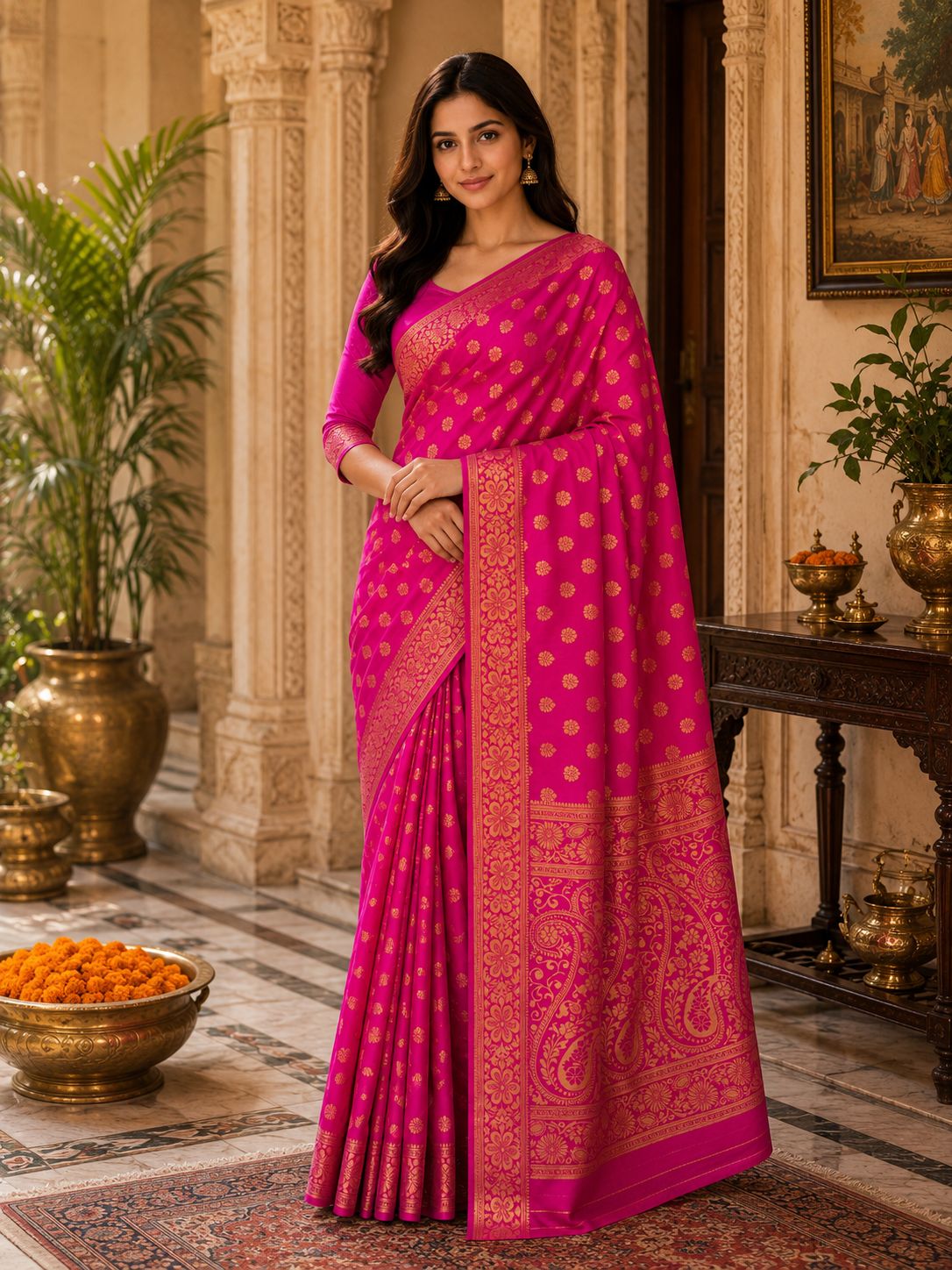 Women's Rani Pink Banarasi Silk Saree with Rich Gold Zari Woven Border & Floral Buti Design