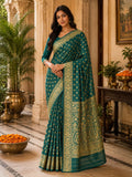 Women's Teal Green Banarasi Silk Saree with Gold Zari Floral Buti & Rich Woven Pallu