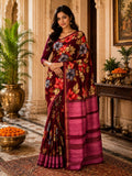 Women's Maroon Floral Printed Linen Saree with Rich Magenta Woven Pallu