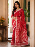 Women's Red Jamdani Cotton Saree with Traditional Woven Motifs & Lace Border