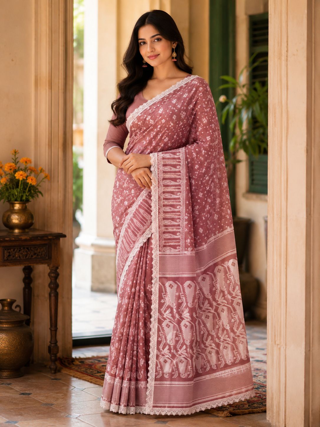Women's Dusty Rose Handloom Cotton Saree with Lace Border & Traditional Woven Motifs