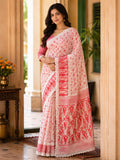 Women's Off-White & Coral Pink Handloom Cotton Saree with Lace Border and Traditional Woven Motifs