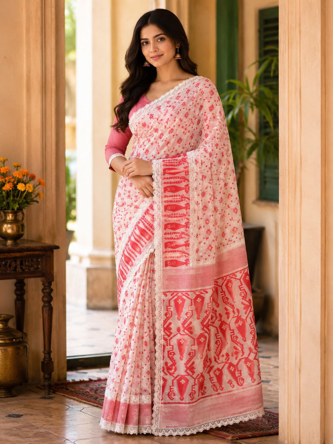 Women's Off-White & Coral Pink Handloom Cotton Saree with Lace Border and Traditional Woven Motifs