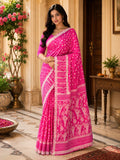 Women's Fuchsia Pink Handloom Cotton Saree with Lace Border & Traditional Woven Motifs