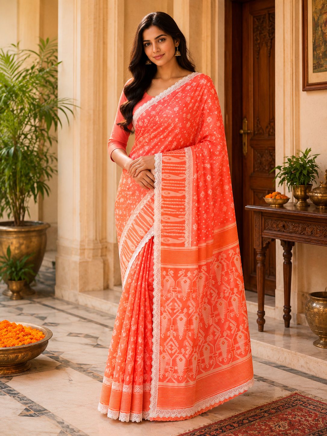 Women's Coral Orange Handloom Cotton Saree with Lace Border & Traditional Woven Motifs