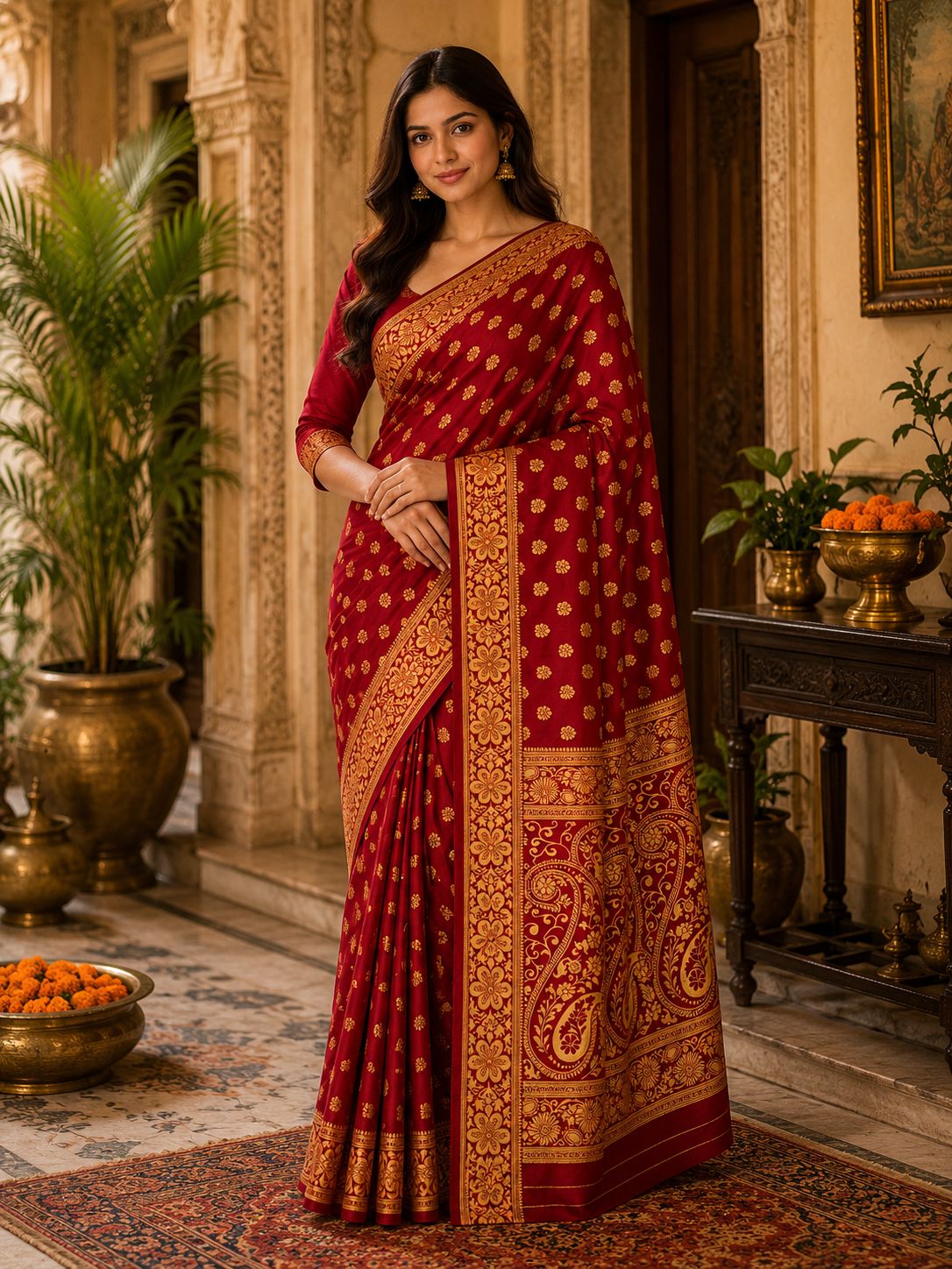 Women's Deep Maroon Banarasi Silk Saree with Gold Zari Floral & Paisley Weaving