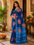 Women's Royal Blue Floral Printed Linen Saree with Elegant Woven Border