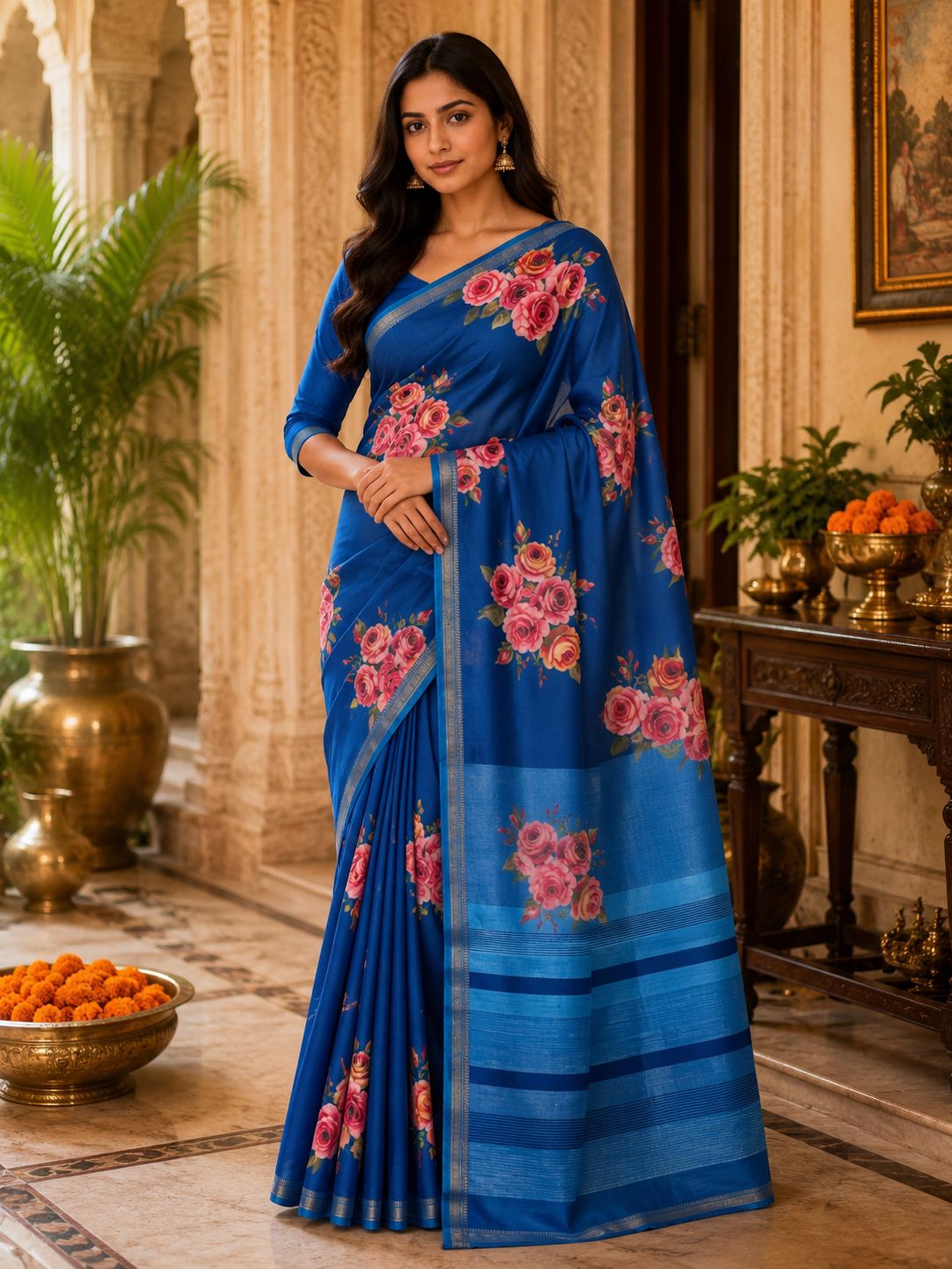 Women's Royal Blue Floral Printed Linen Saree with Elegant Woven Border
