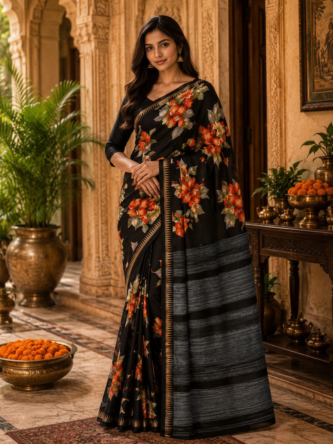 Women's Black Floral Printed Linen Saree with Elegant Grey Woven Pallu