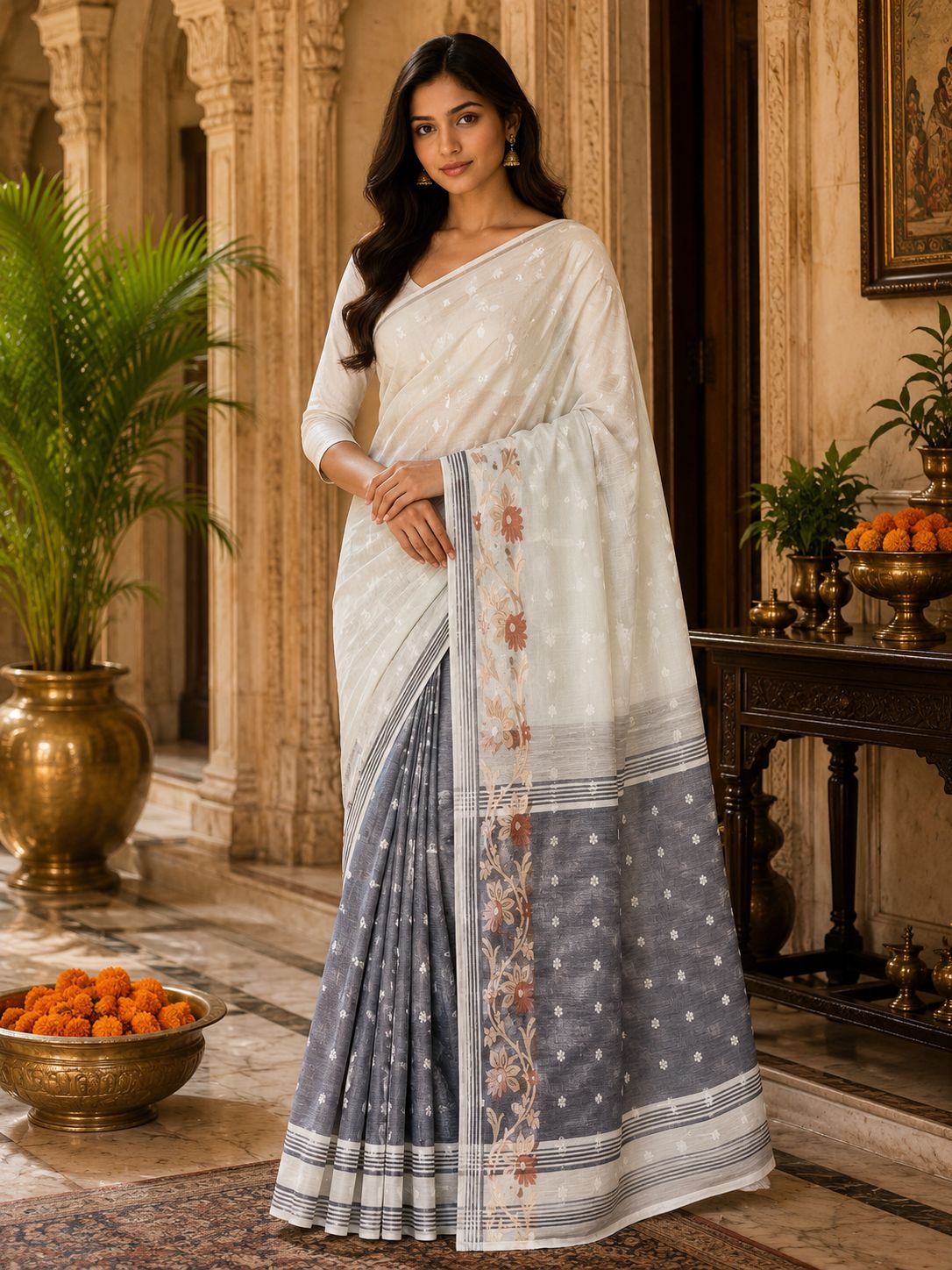Women's White & Grey Jamdani Cotton Saree with Floral Woven Border
