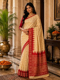 Elegant Cream & Red Traditional Woven Border Saree