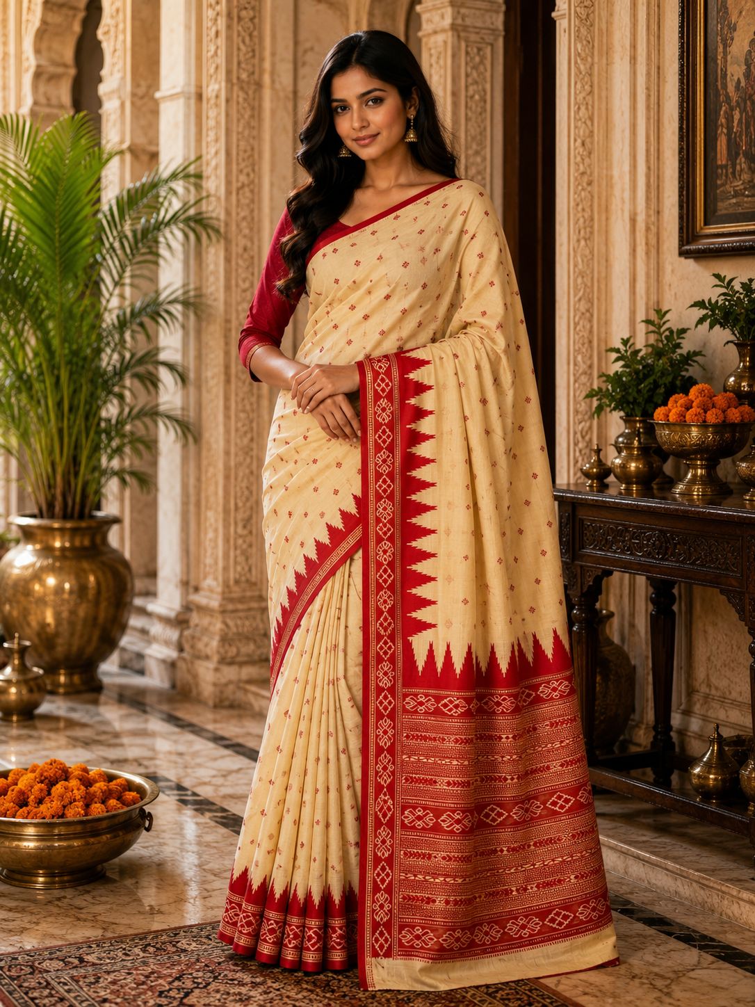 Elegant Cream & Red Traditional Woven Border Saree