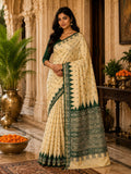 Elegant Cream & Emerald Green Traditional Woven Border Saree