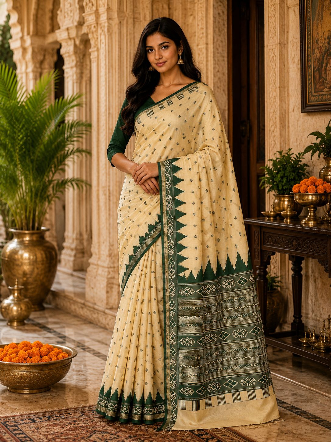 Elegant Cream & Emerald Green Traditional Woven Border Saree