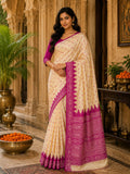 Elegant Cream & Emerald Pink Traditional Woven Border Saree