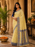 Elegant Butter Yellow & Royal Blue Floral Border Saree